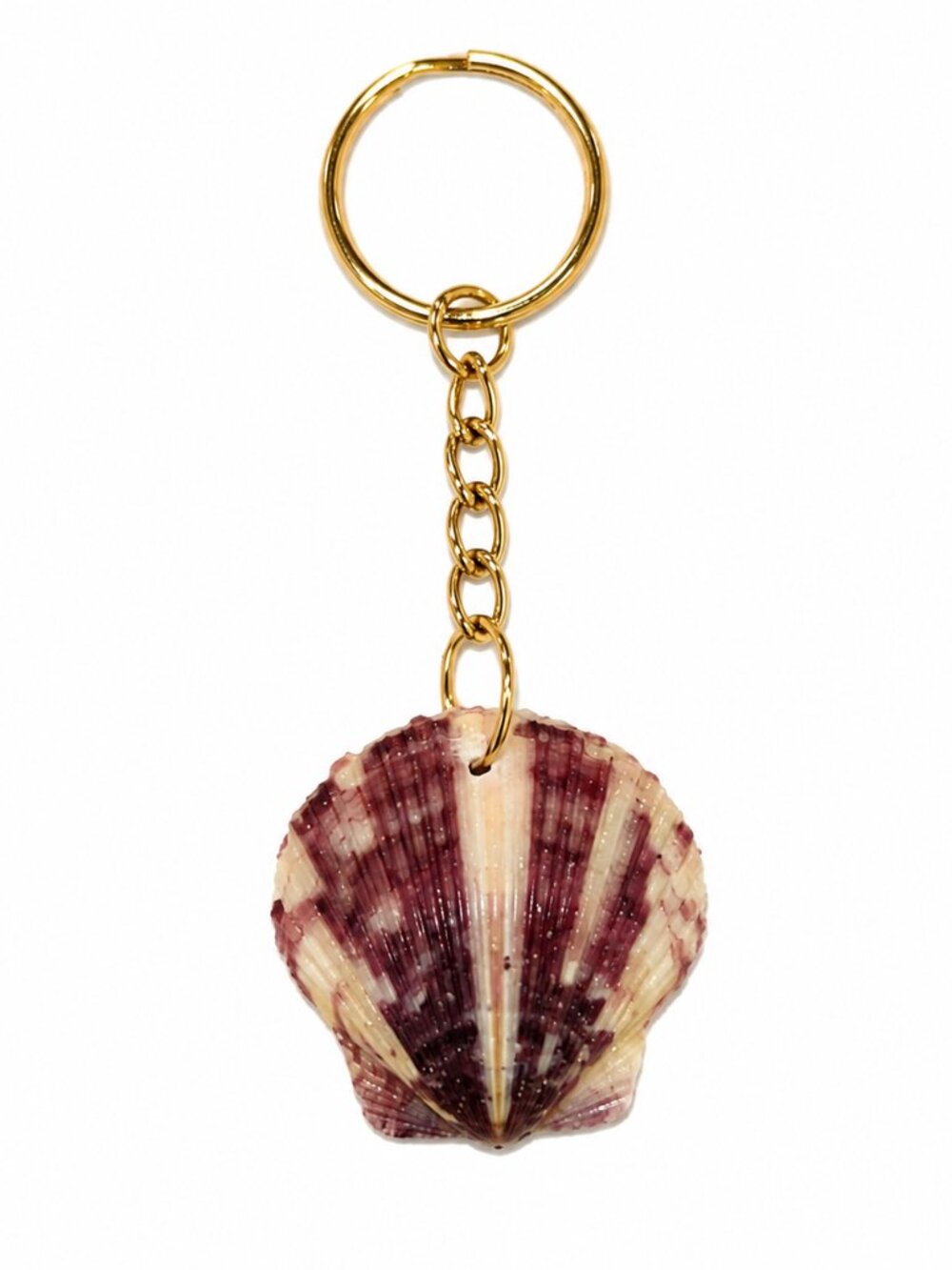 Purple & Ivory Scallop Shell Keychain – Gold Tone Beach Charm | Handmade Coastal